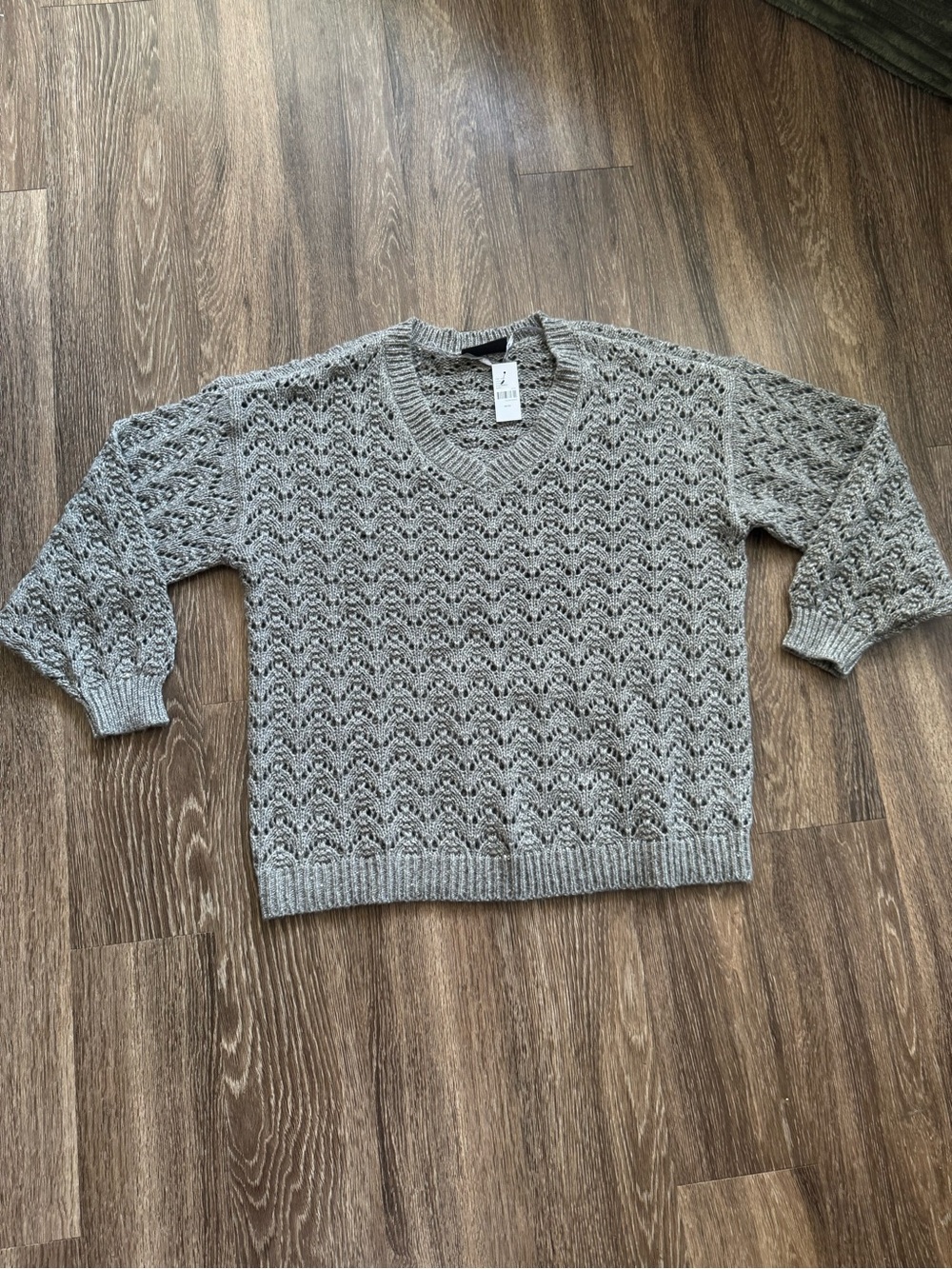 Gray Open Knit V-Neck Sweater